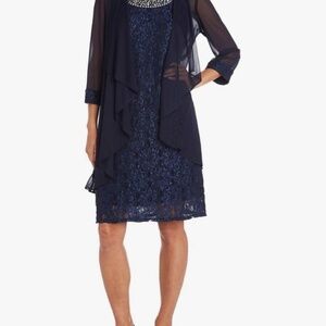 R & M Richards Embellished Lace Sheath Dress & Jacket - Navy SZ:12